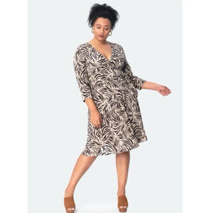 Leota Zebra Safari Dress XL Wrap Black/Beige Jersey 3/4 Sleeve Midi Career Y2Keo